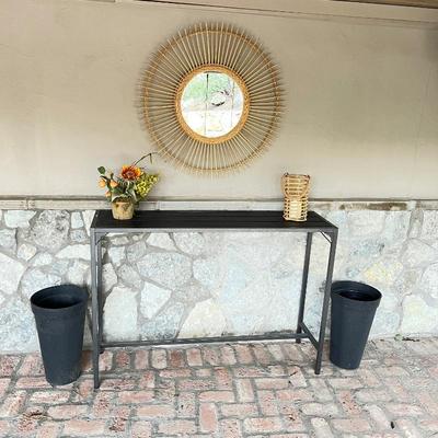 Outdoor Black Metal Console Table with Rattan Mirror, Decor and Planters
