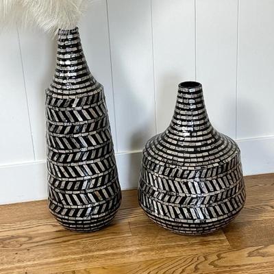 Set of Two Black Mother of Pearl Shell Tribal Decorative Vases 25” & 19”