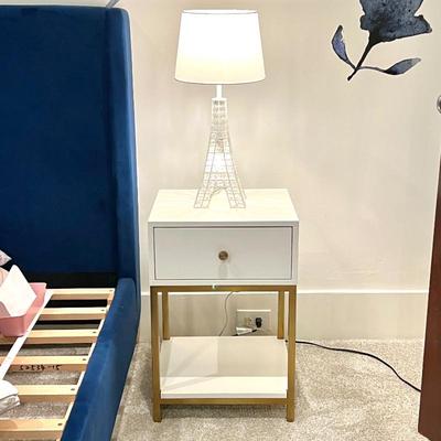 Pottery Barn Teens Modern White Nightstand with Gold Legs and Eiffel Tower Lamp