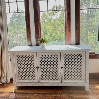  White Restoration Hardware Vintage Style 3-Door Storage Cabinet with Lattice Doors