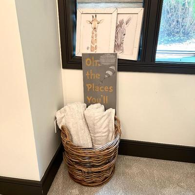  Kids Room Lot- Dr. Seuss Print "Oh the Places You'll Go" - Giraffe & Zebra Drawings- Toy Basket and Throws