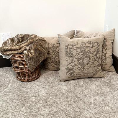 Set of 3 Decorative Beige Throw Pillows with Elegant Crest Design- Blanket and Wicker Basket- Restoration Hardware
