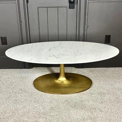 Oval Crate & Barrel Marble Top Coffee Table with Tulip Gold Base 50"L x 26"W x 17"H
