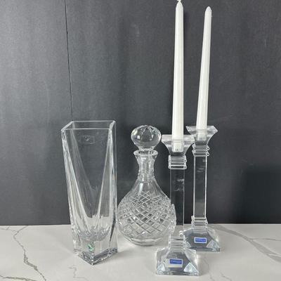 3 Piece Crystal Set - Decorative Vase, Cut Glass Decanter, Candle Holders - Marquis & Atlantis