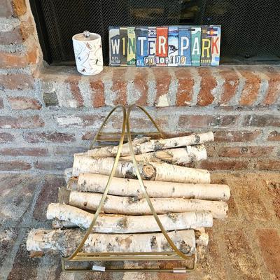 Crate & Barrel Aspen Logs in Gold Tray with Decorative Ski Candle and Winter Park License Plate