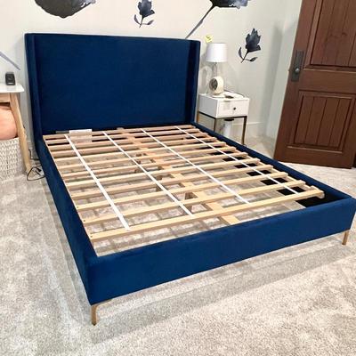 Pottery Barn Navy Blue Upholstered Bed Frame with Wooden Slats -Queen