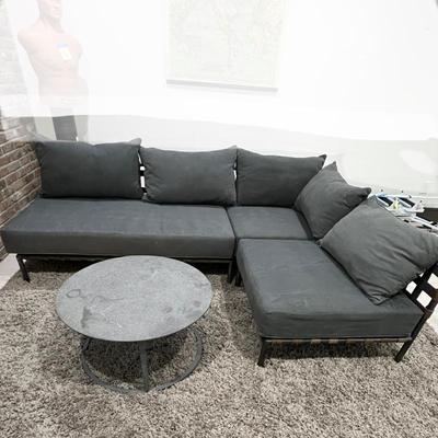 Restoration hardware, gray sectional, and matching gray round table