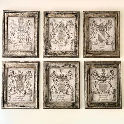 RH Set of 6 Framed Coat of Arms Wall Decor - Ornate Silver Frames- 20" x 26"
