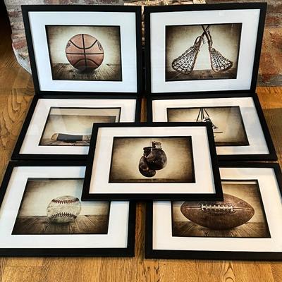 Set of Framed Sports Artwork - Basketball, Lacrosse, Baseball, Football & Vintage Boxing Gloves