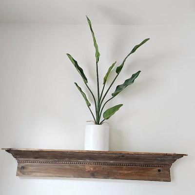  Elegant Wood Shelf with Modern White Planter and Green Faux Plant