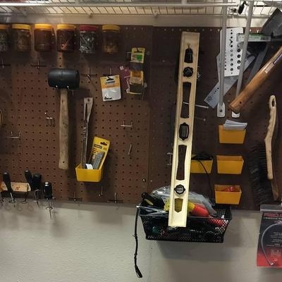 *See Description* Assorted Wrenches, Screwdrivers, Tools, Screws, And More On Pegboard
