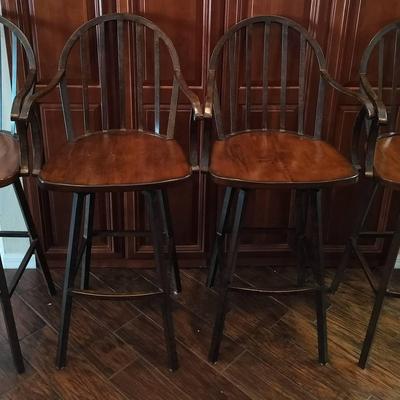 Set Of 4 Vintage Metal And Wood Swivel Barstools