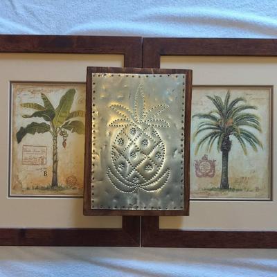 Framed Art In Motion Island Palm Prints Signed By Chad Barrett + Metallic Pineapple Art Piece