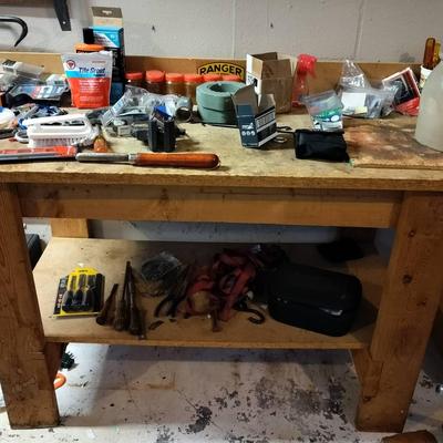 Solid Wooden Workbench Table + Assortment Of Tools, Nails, Screws, & More (Includes Everything) 