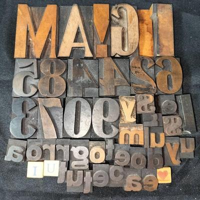 Vintage Letterpress Wooden Printing Blocks In Vintage Mason Jar