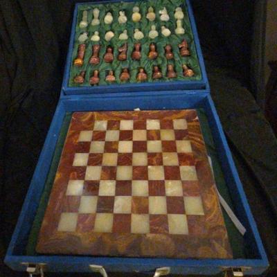 Mixed Marble Handcarved Chess Set W/ Case