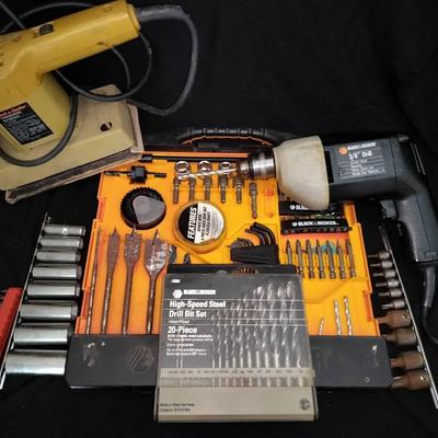 Black + Decker 3/8" Drill, Finishing Sander, Drill Bits, Sockets, And More