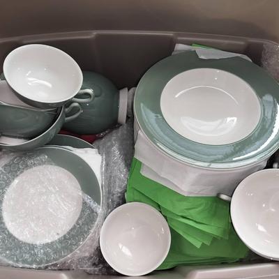 Vintage Sage Green Colored China Set Including Plates, Cups, Pitchers, And More