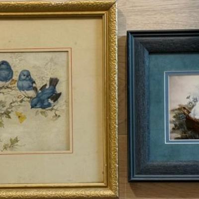 (2) Vintage Prints - A Lambert Products Birds & Signed Bunnies Print 