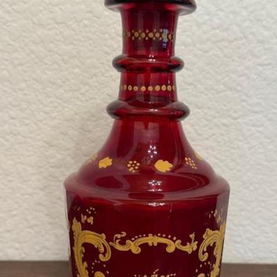 Antique Hand Blown Czech Red Ruby Glass Decanter W Gold Scroll