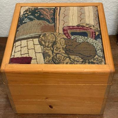 Vintage Pine Wood Storage Box With Tapestry Cat Motif Top