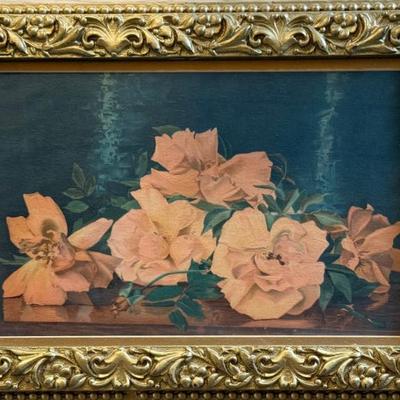Antique Rose Print In Gold Ornate Gesso Victorian Frame 