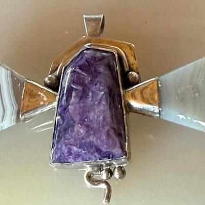 Gorgeous Amethyst Crystal And Charoite Angel Wings Pendant Pin (as Is)