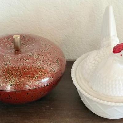 Vintage Westmoreland Milkglass Rooster Covered Dish & Laquer Covered Dish With Sewing & Crochet Supplies