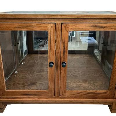 Oak Double Glass Door Light Up Display Cabinet W Single Glass Shelf, Tile Top And Lights