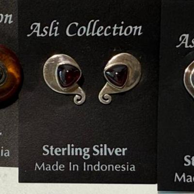(3) Pairs Of Handmade Sterling Silver - Amber - Yellow Ambre & Garnet Post Earrings