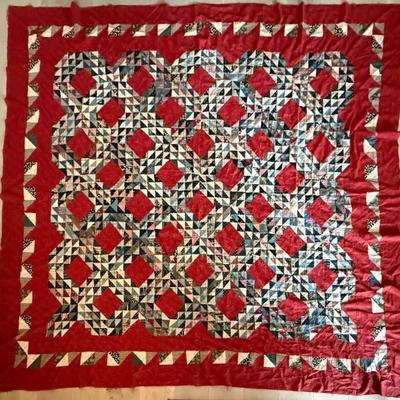 Antique Hand Stitched Ocean Waves Quilt Top 85 X 76 Red And Blue
