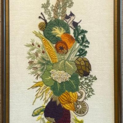 Vintage Framed Crewel Embroidery Vegetable Tapestry 