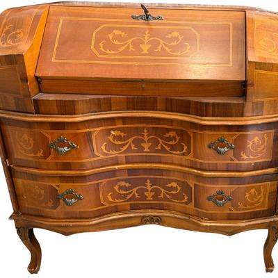 Vintage Italian Neoclassical Inlaid Marquetry Slant Front Secretary Desk