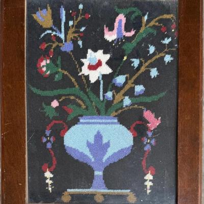Vintage Dark Wood Table With Embroidered Floral Insert And Glass Top