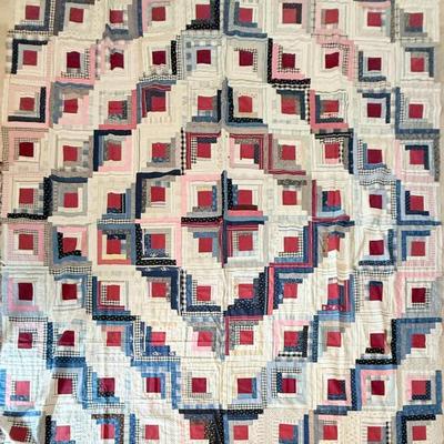 Antique Hand Stitched Log Cabin Quilt Topper - 90 X 90