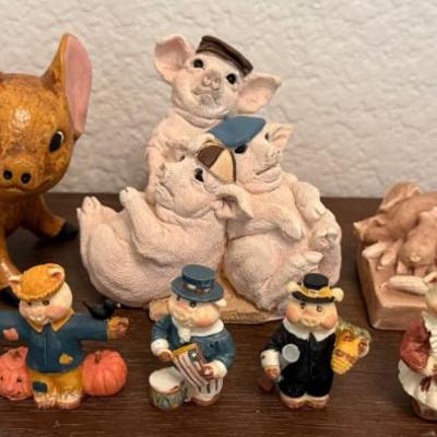 Collection Of Resin & Stone Pig Figurines - Stone Critters, Chalkware Mama  & Babbies - Holiday FIgurines 
