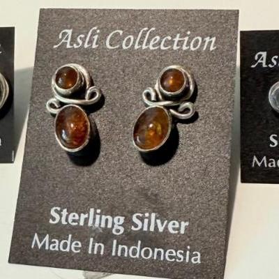 (3) Pairs Of Sterling SIlver - Tanzanite - Garnet & Amber Hand Made Earrings