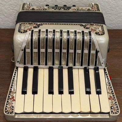 Vintage Petite Accordion With Mother Of Pearl Snd Rhinestone Accents