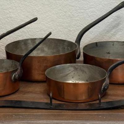 (5) Antique French Copper Pots With Black Metal Hanger 