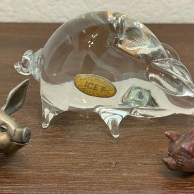 Arte Murano Icet Glass Pig - Hand Carved Stone Pig & Hudsen Pewter WF Pig