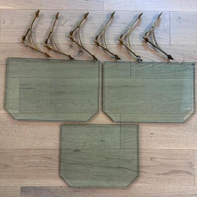 (3) Heavy Beveled Glass Shelf Shelves With Brass Fixtures From The Brown Palace Hotel Denver Jewelry Store 