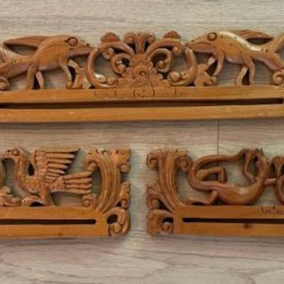 (3) Indonesian Hand Carbed Wood Tapestry Hangers 