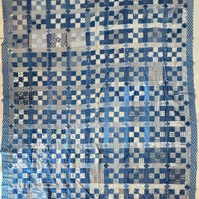 Antique Hand Stitched Indigo Patchwork Quilt Topper - 74 X 86
