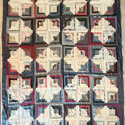 Antique Hand Stitched Log Cabin Quilt Topper - 84 X 75