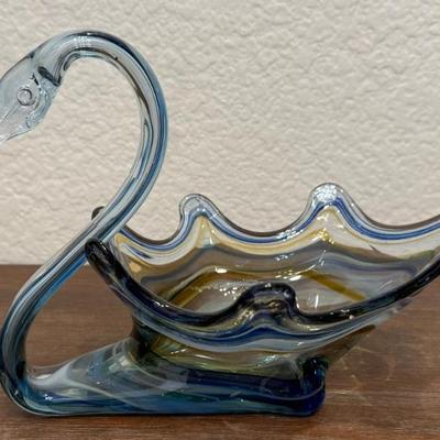 Mid Century Modern Hand Blown Art Glass Swan Candy Trinket Dish