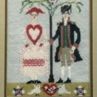 Vintage Framed Colonial Motif Cross Stitch Three Panels 