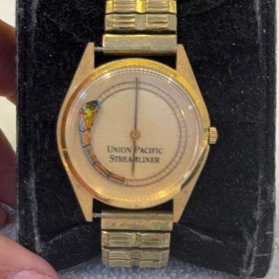 Vintage Union Pacific Streamliner Watch – Gold Tone with Train Graphic Dial