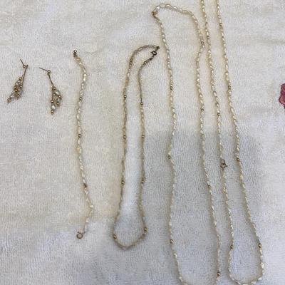 14K Yellow Gold Freshwater Pearl Necklace And 2 Bracelet Set 