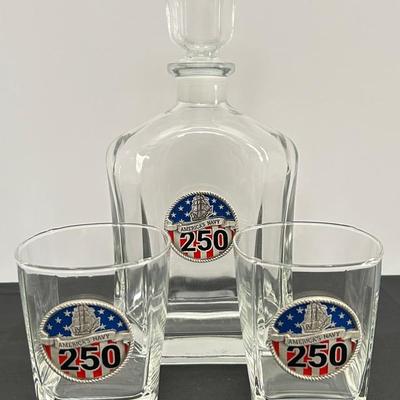 Sparta Pewter Navy 250th Birthday Crystal Whiskey Decanter & Square Rocks Glass Set