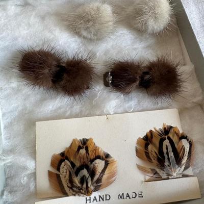 Vintage Mink Fur Earrings and Hair Pins + Feather Earrings 